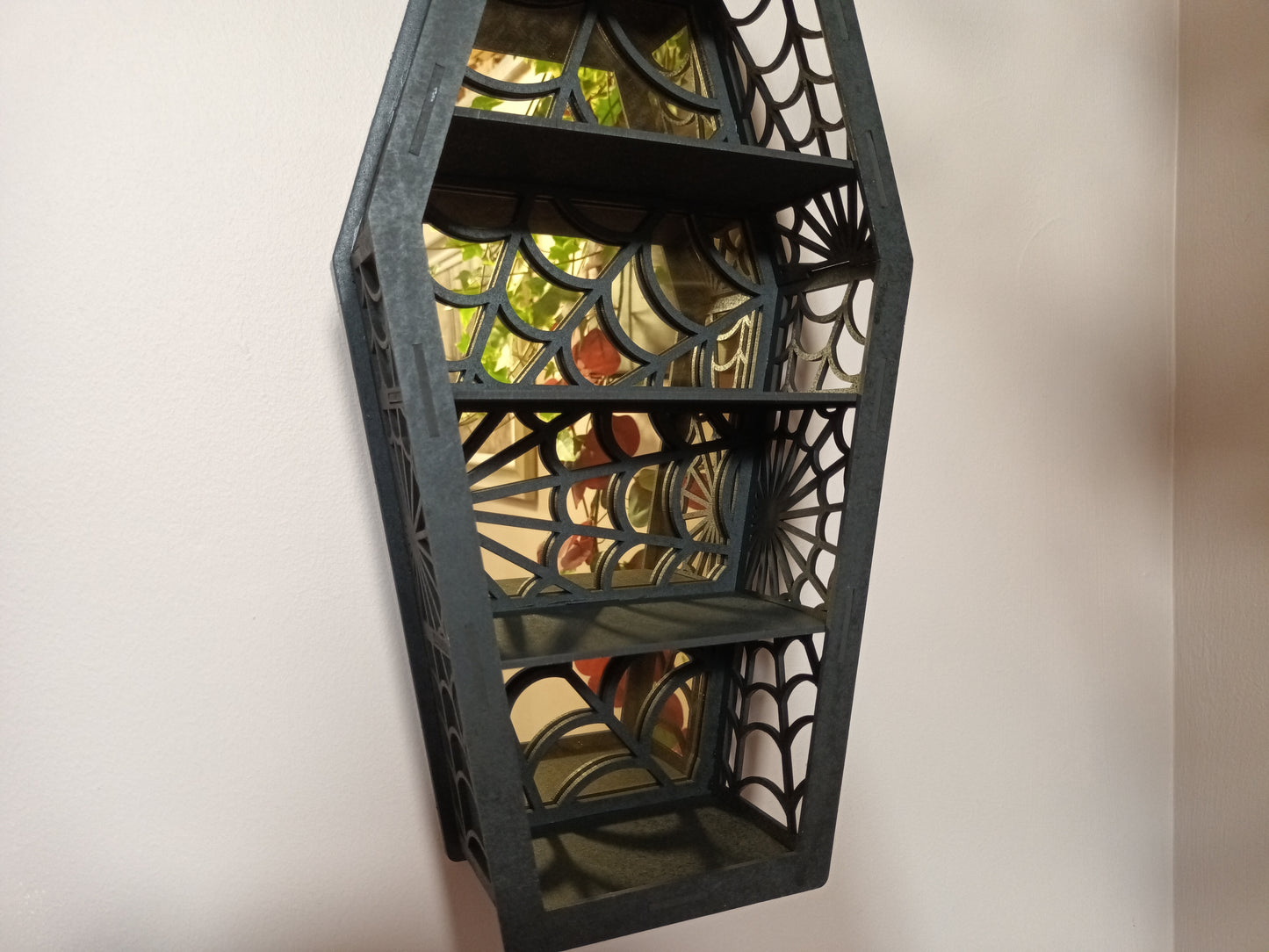 Coffin display Shelf, Spiders web shelf, Gothic Display Cabinet, Gothic Decor, Crystal display cabinet, display cabinet, Gothic shelving