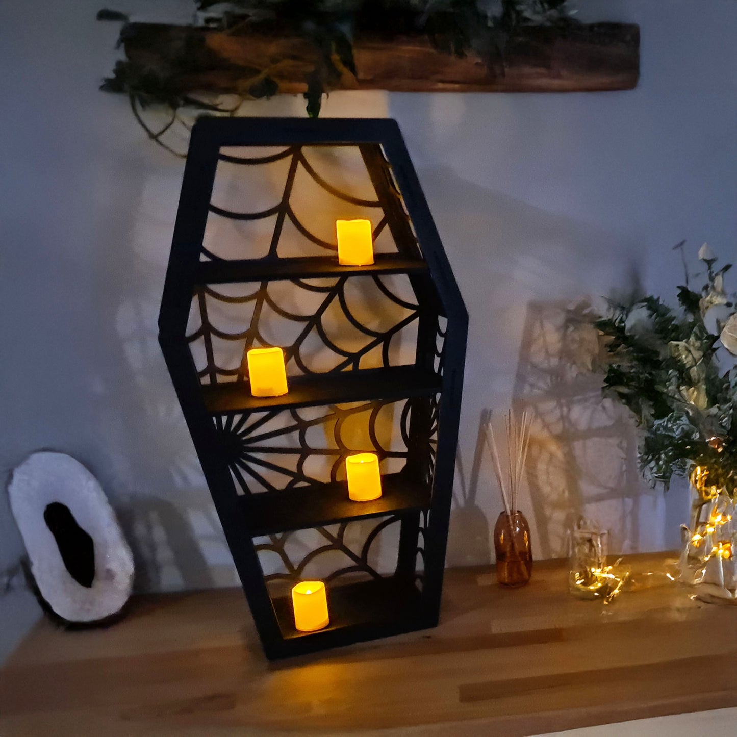 Coffin Display Shelf, Spiders Web Shelf, skull , Gothic Décor, Crystal Display cabinet