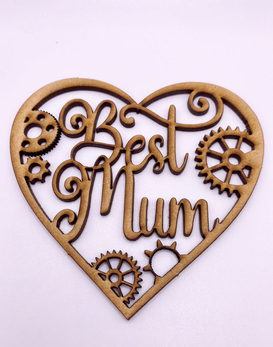 Mothers Day Heart Best Mum with Cogs MDF Sign / Plaque