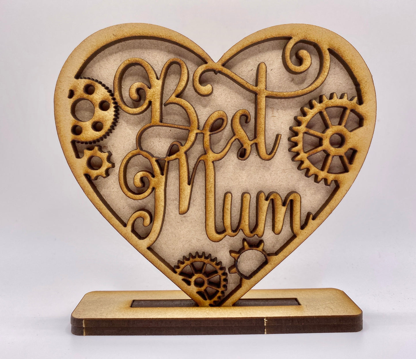 Mothers Day Standing Heart Best Mum with Cogs MDF Sign / Plaque