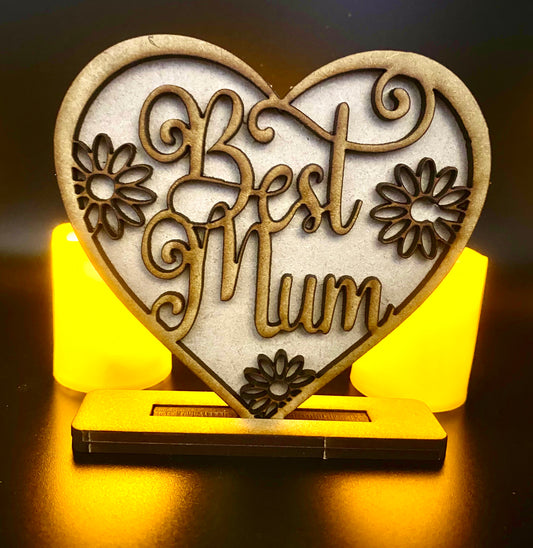 Mothers Day Standing Heart Best Mum with Daisies MDF Sign / Plaque