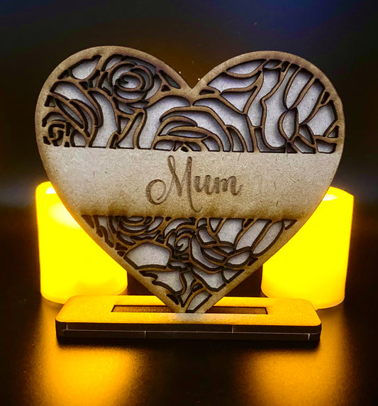 Mothers Day Standing Heart with Mum and Roses MDF Sign / Plaque