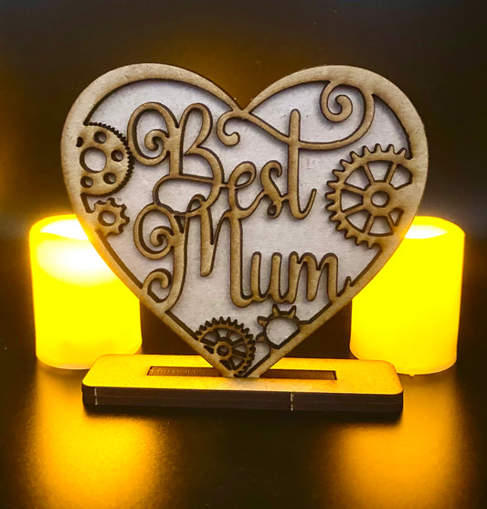 Mothers Day Standing Heart Best Mum with Cogs MDF Sign / Plaque
