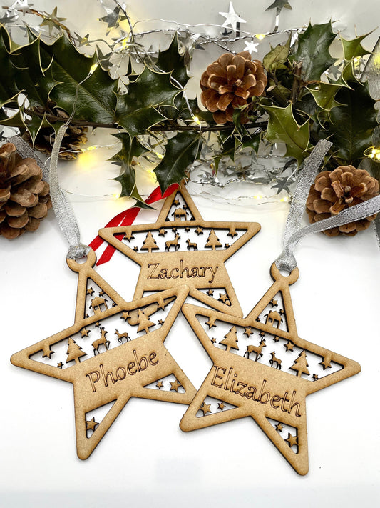 Personalised Christmas Star Hanging Tree Ornament, Custom Wooden Hanging Gift, Laser Cut Christmas Decoration, Home Decor, Personalized Name