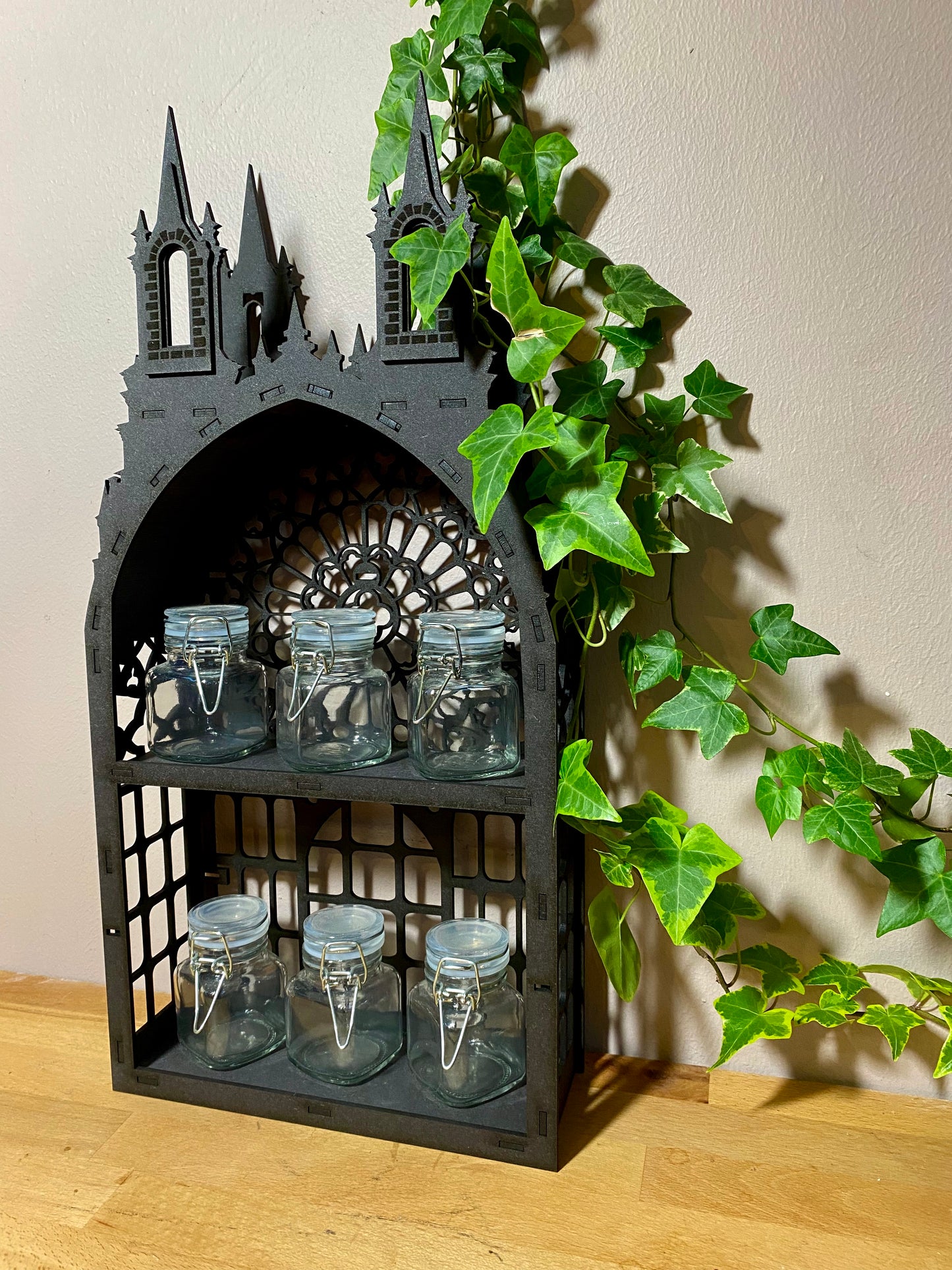 Black Gothic Two shelf Tower dispaly kitchen storage spice rack