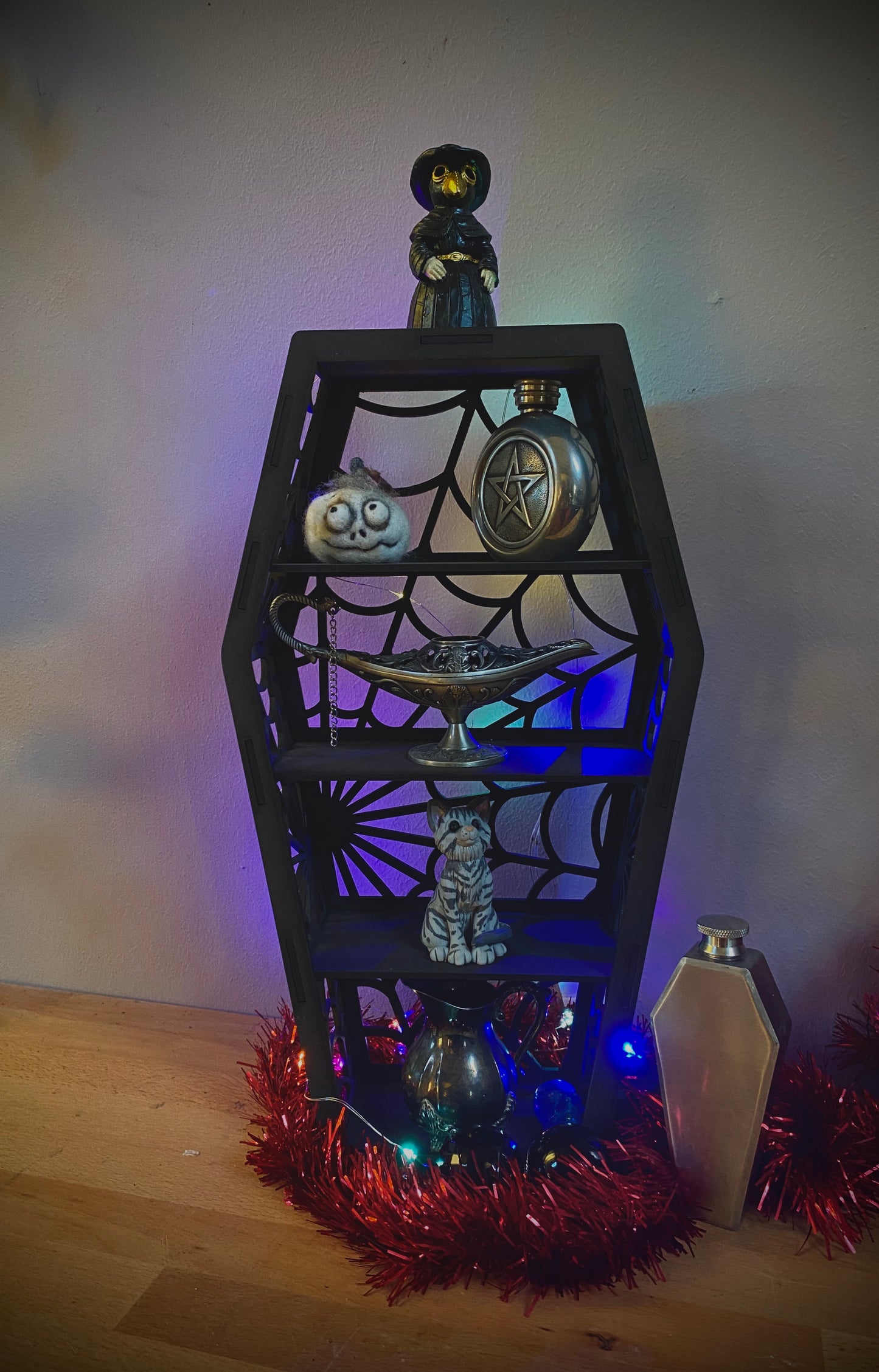 Coffin Display Shelf, Spiders Web Shelf, skull , Bats Gothic Display Cabinet, Gothic Decor, Crystal Display Cabinet, Display Cabinet, Gothic Shelving