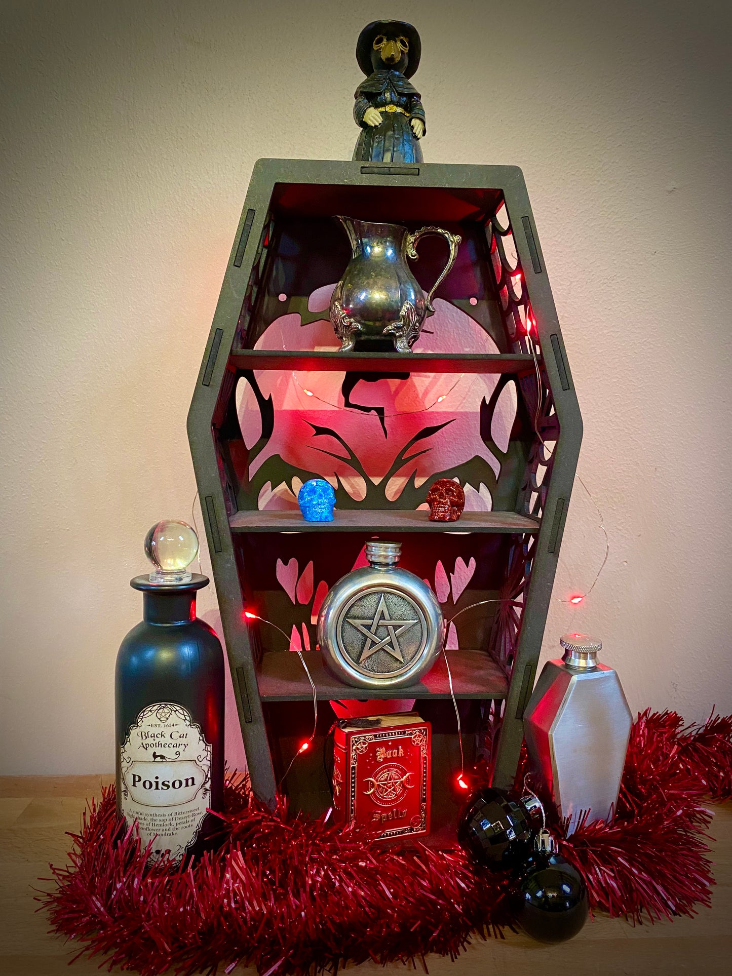 Coffin Display Shelf, Spiders Web Shelf, skull , Bats Gothic Display Cabinet, Gothic Decor, Crystal Display Cabinet, Display Cabinet, Gothic Shelving