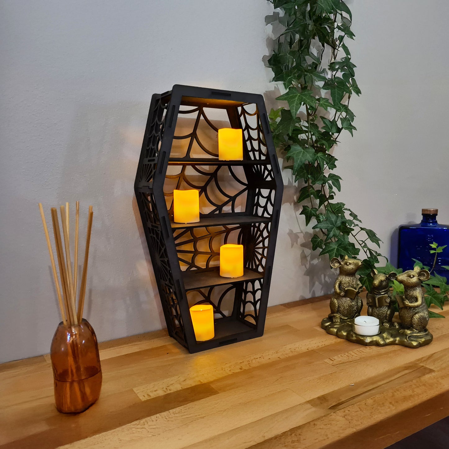 Coffin Display Shelf, Spiders Web Shelf, skull ,  Gothic Décor, Crystal Display cabinet