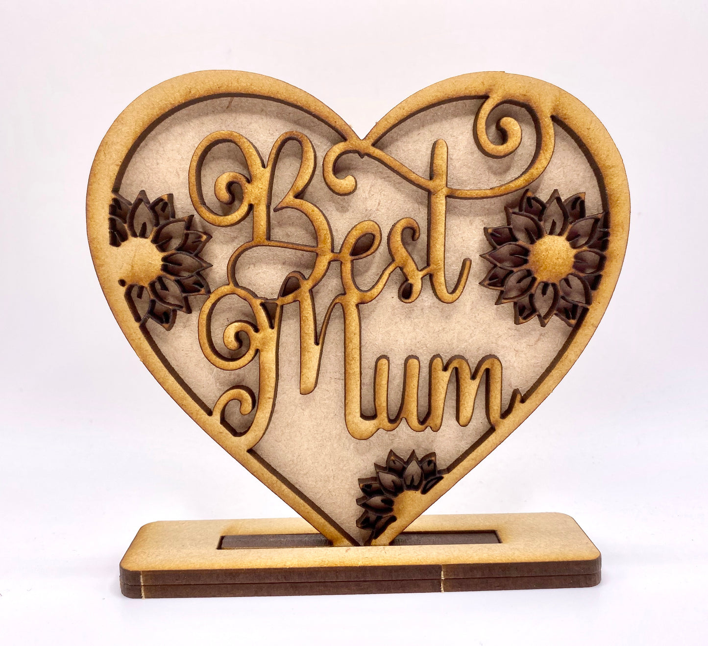 Mothers Day Standing Heart Best Mum with Flowers MDF Sign / Plaque