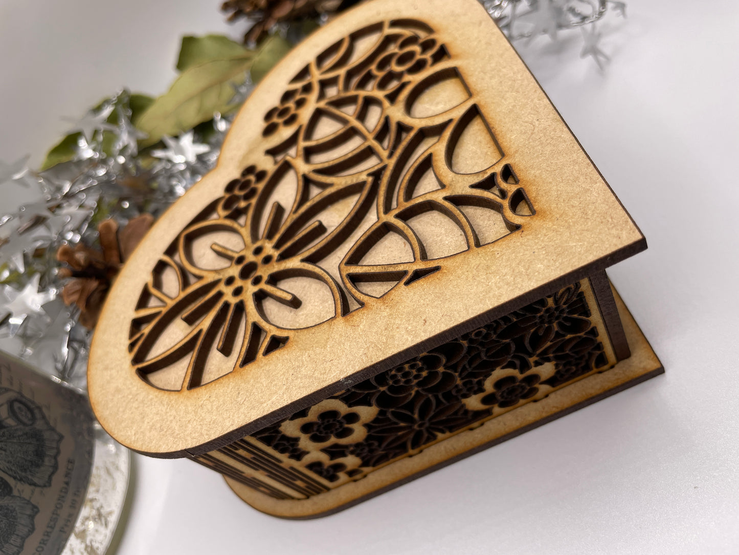 Flowers Heart Shaped Trinket Storage Box MDF Craft Kit