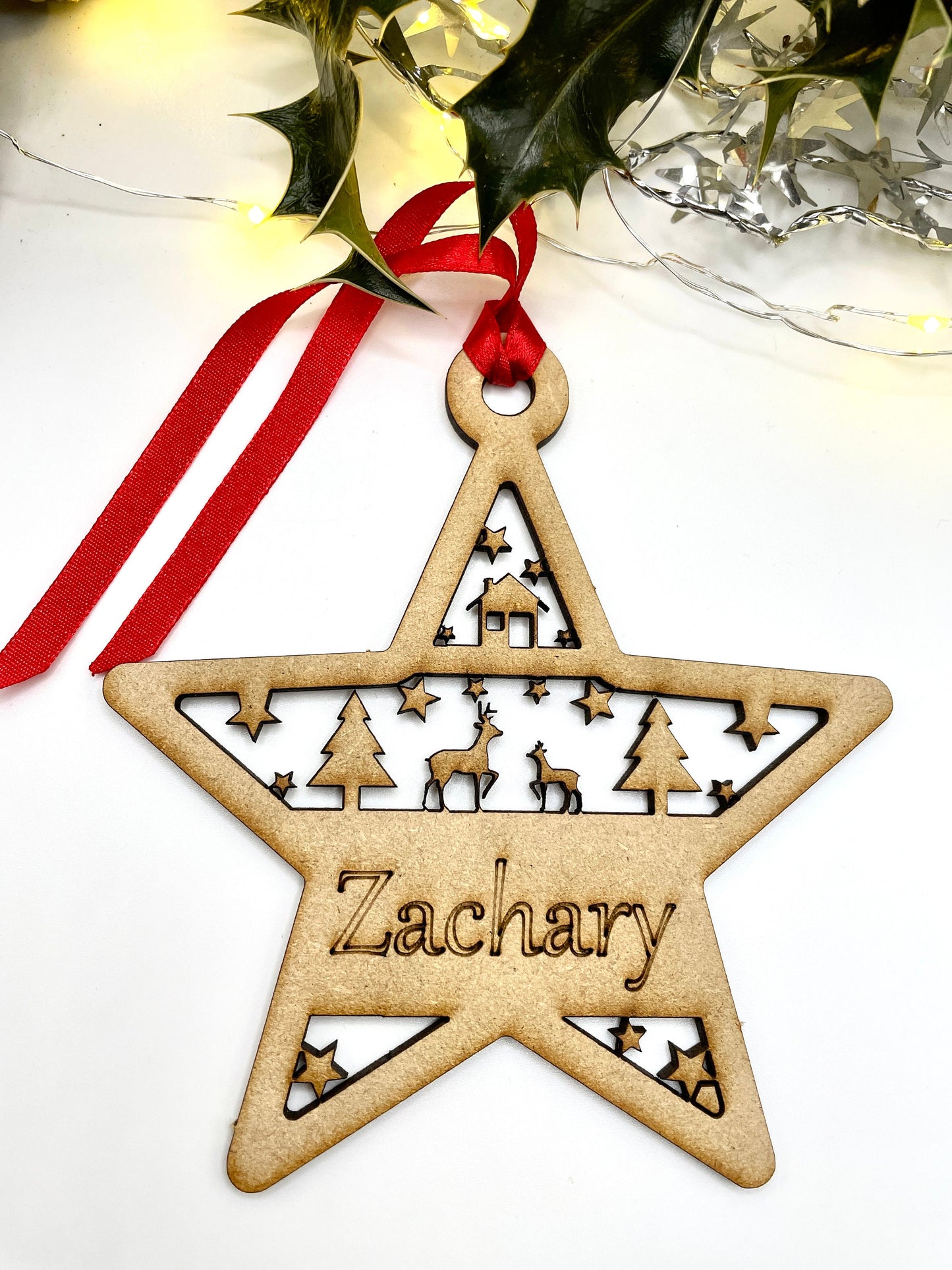 Personalised Christmas Star Hanging Tree Ornament, Custom Wooden hanging gift, Laser cut Christmas Decoration, Home decor, Personalized Name